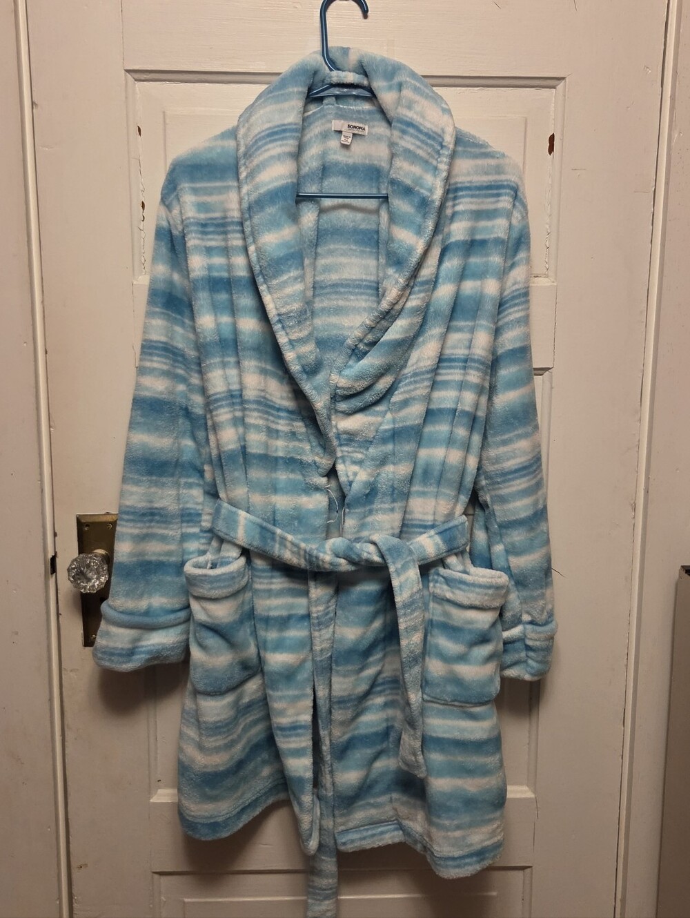 Sonoma Blue & White Striped Plush Shawl-Collar Robe with Belt